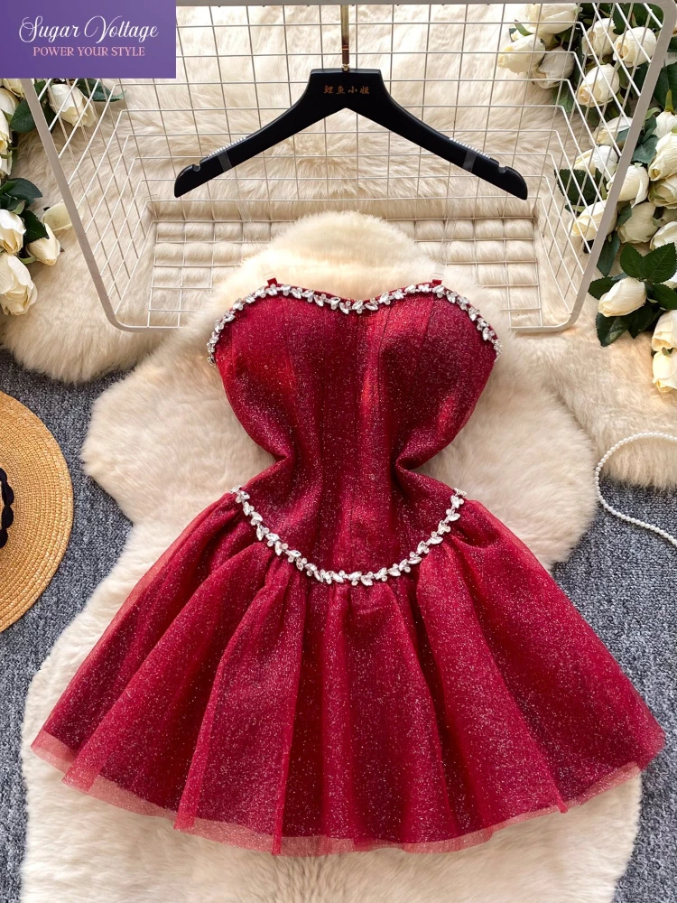 French Sweet Sexy Rhinestone Strapless Dress Women Slim Mesh Evening Gown Luxury Elegant Hot Girl Party Outfit Retro Chic Style