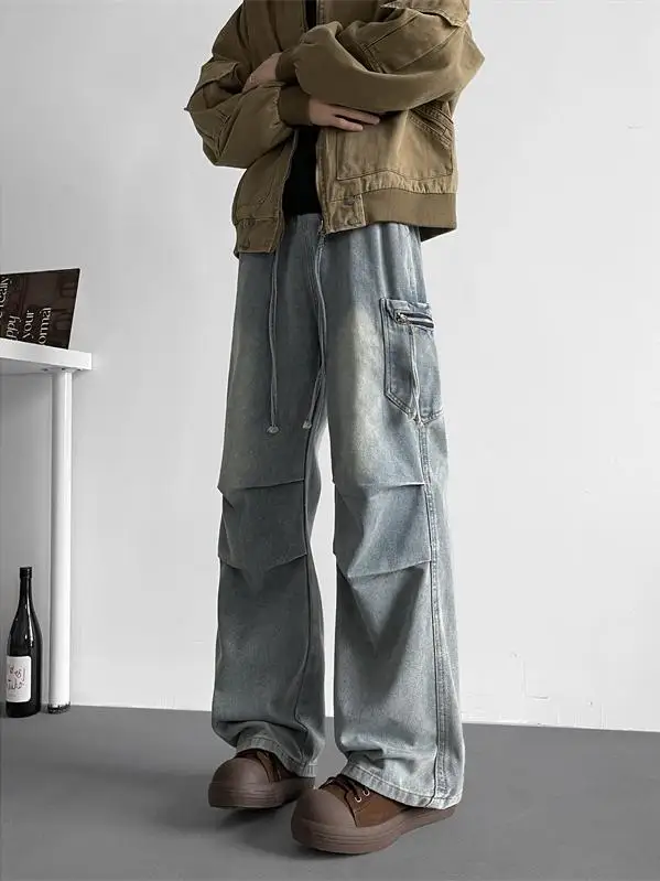 

Мужская рабочая одежда Cleanfit, джинсовые брюки, осень-зима, свободные широкие брюки длиной до пола, американские сложенные брюки, модный бренд