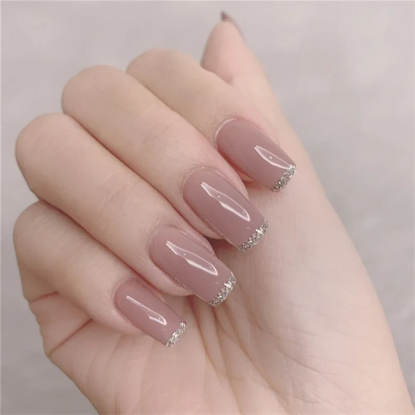 24Ps/Set Pink Grid Frosted Mesh Acrylic Fake Nails Short Sweet Round Head Wearing False Nails Handmade Paste Press on Nails Tips