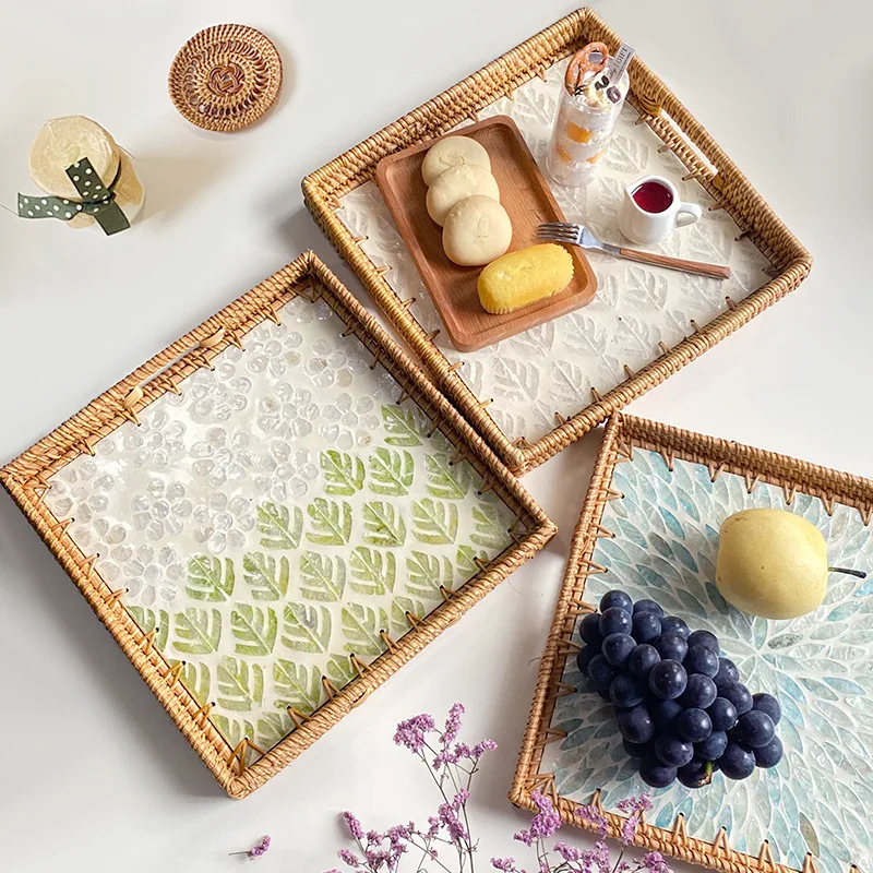 Storage Trays Rattan Weaving Shell Colorful Storage Square Home Living Room Picnic Fruit Basket Candy Tray