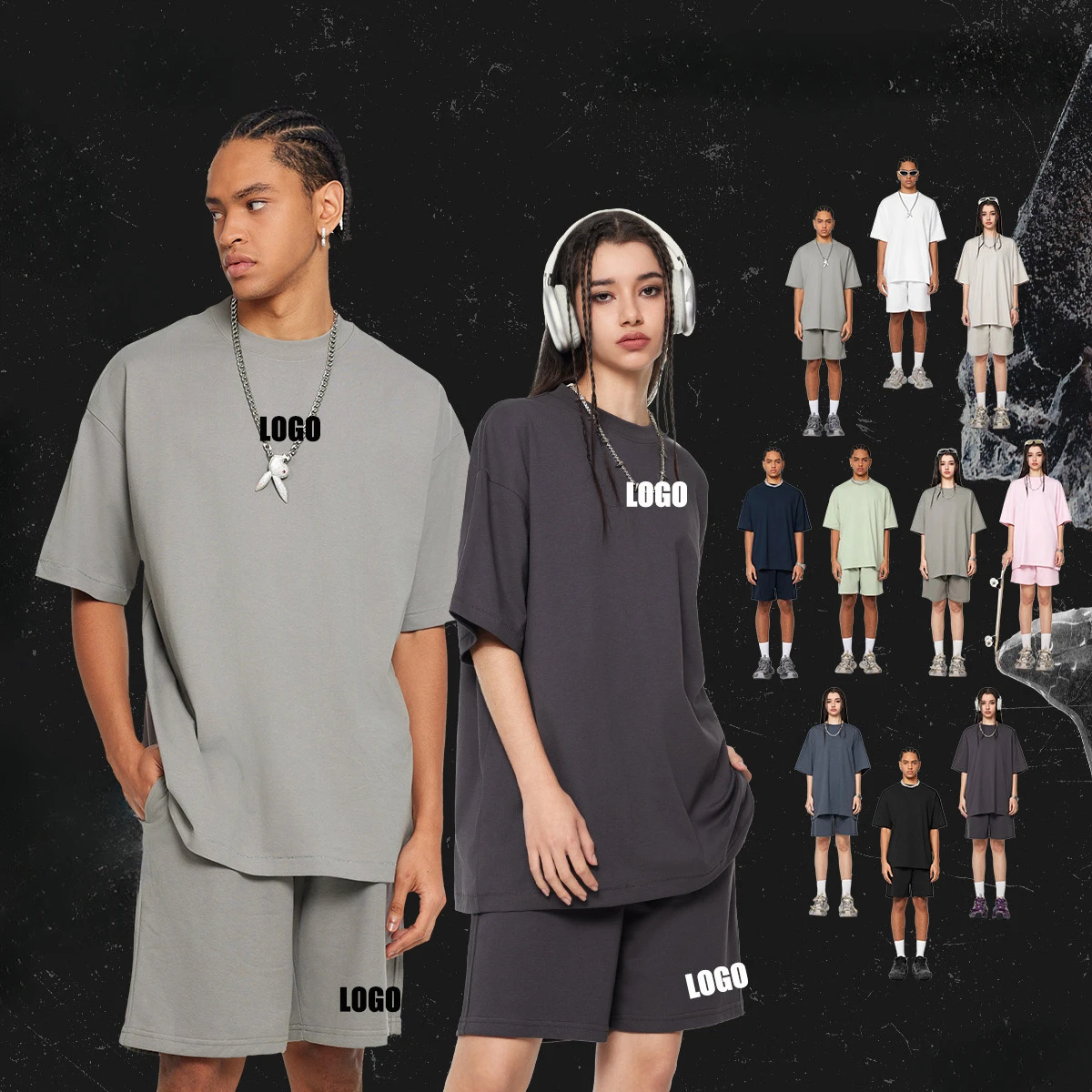 

Custom LOGO men's summer new cotton polyester quick-drying fabric 230G short-sleeved 280G shorts loose-fitting teen couple suit