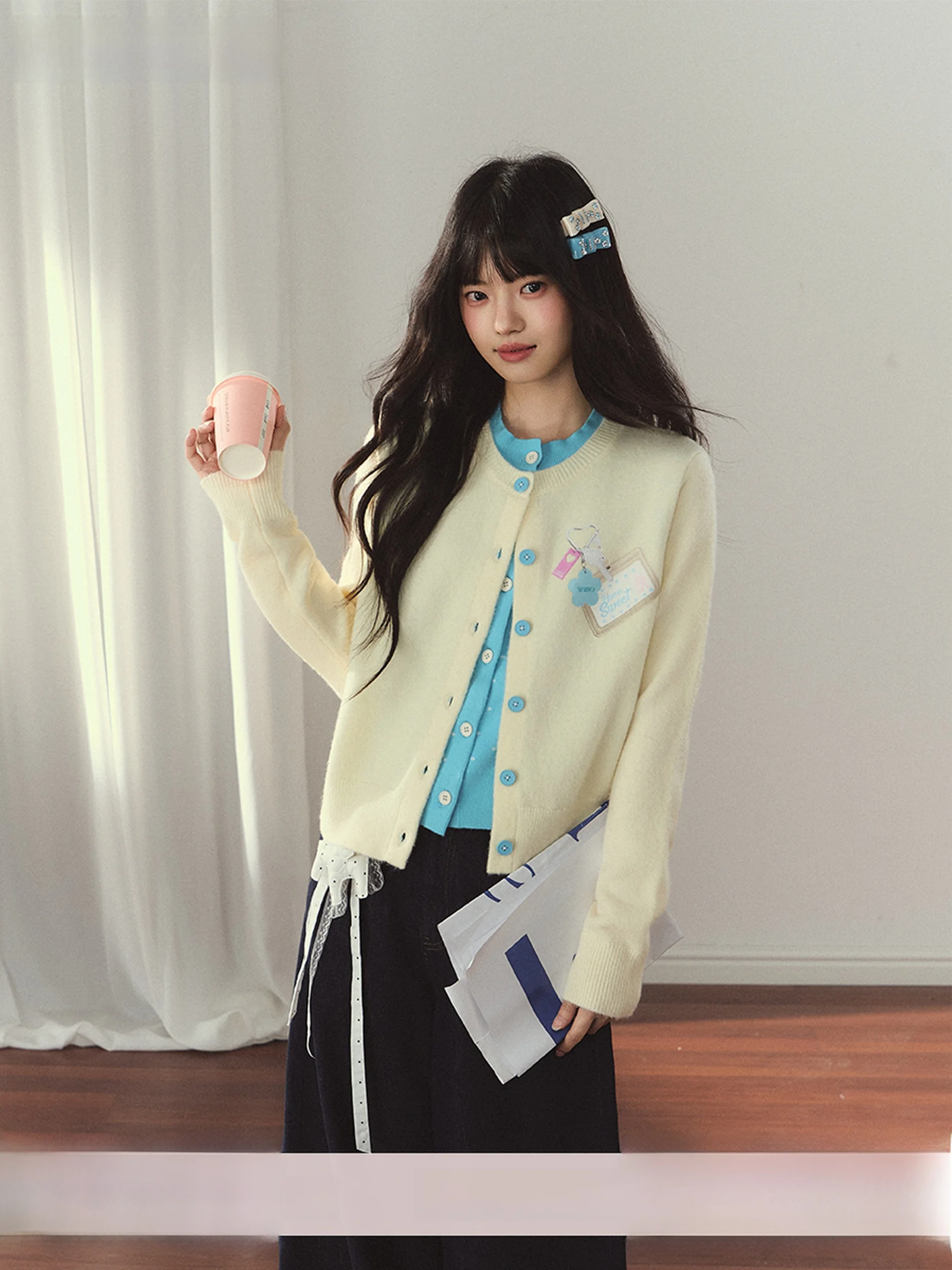 

Стильный свободный кардиган с принтом, имитация двухслойности, вязаный, универсальный, стройнящий, с цветовыми блоками, с длинными рукавами, для девочек