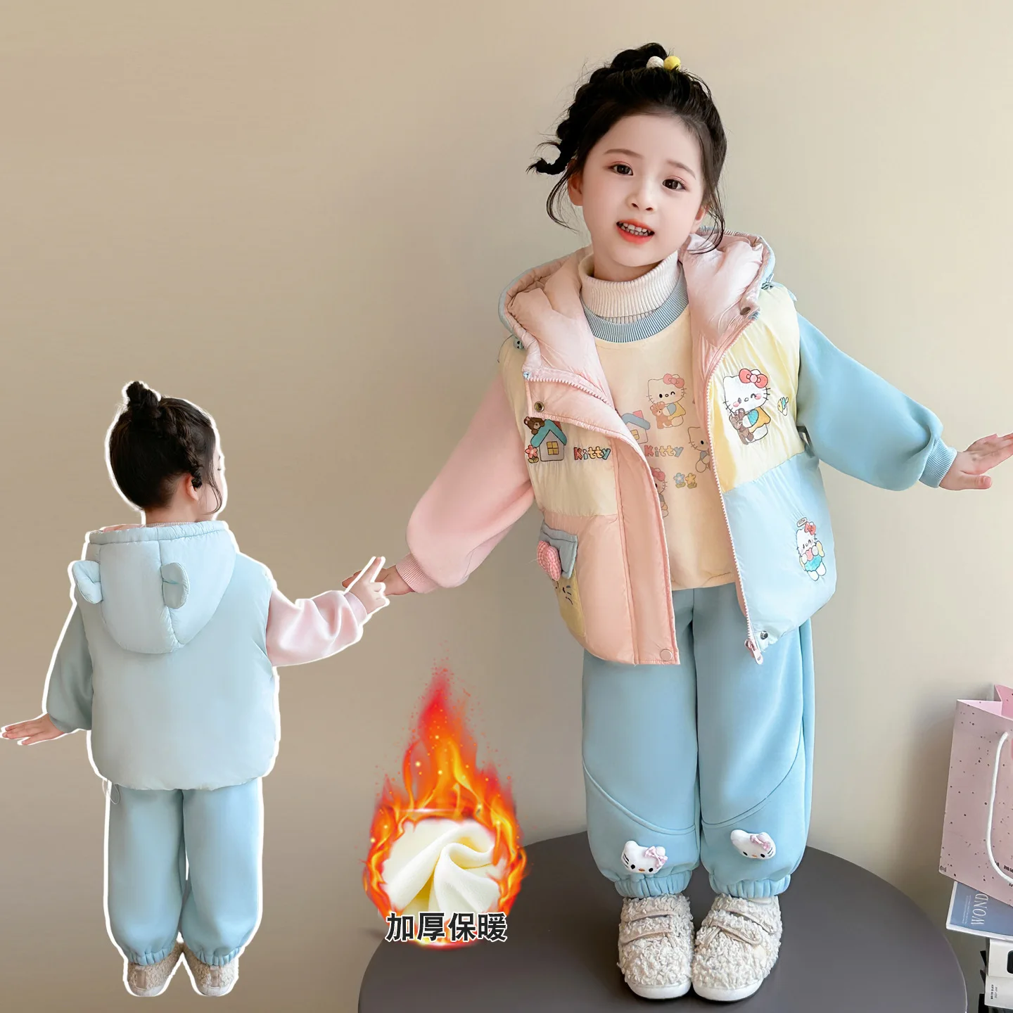 

Anime Hello Kitty Girls' Autumn and Winter Plush Thick Fashion Set Baby girl cartoon hoodie, sweatpants, vest three piece set
