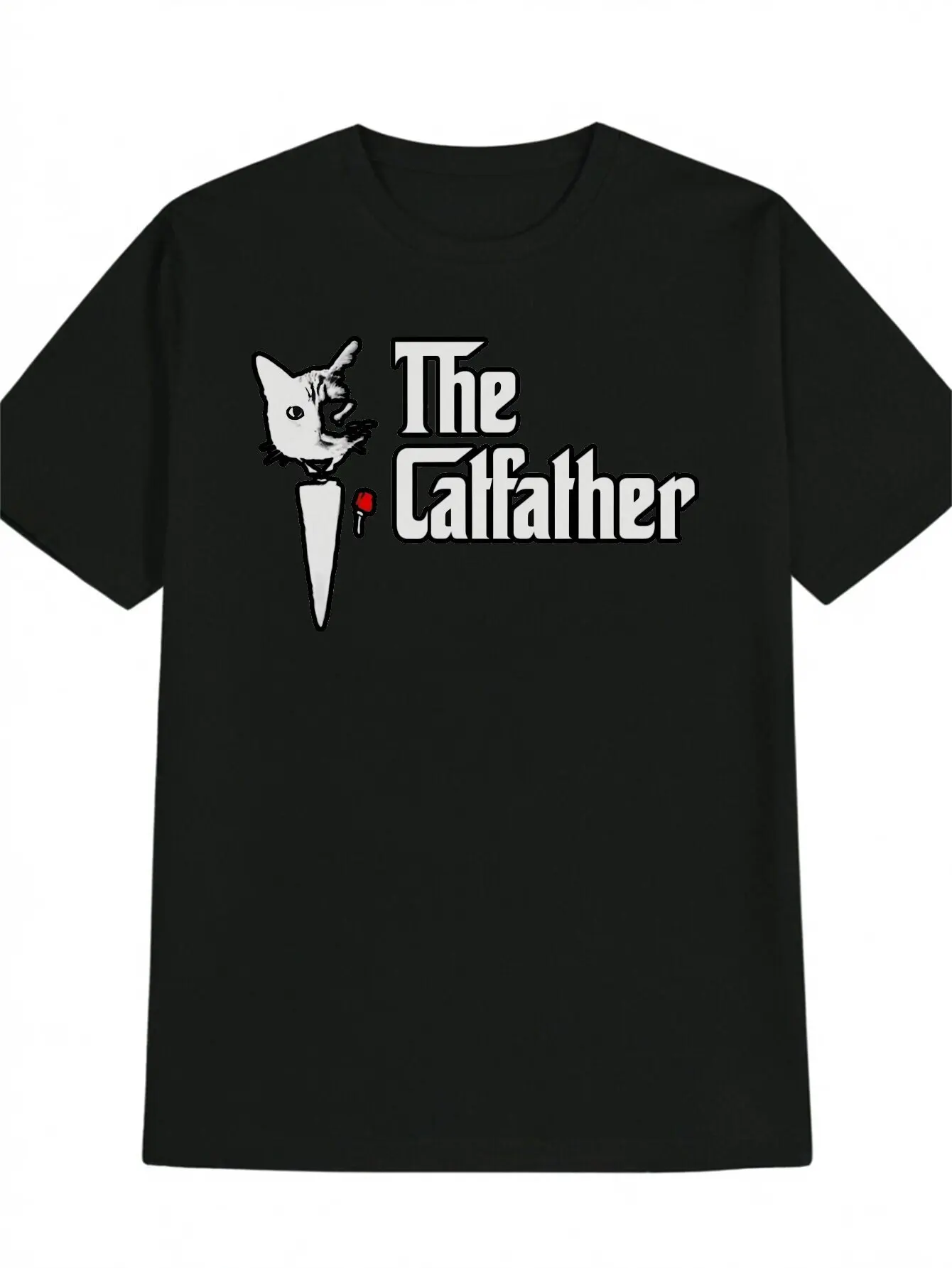 

Mens The Cat Father Graphic Tee Casual Black Short Sleeve T-Shirt with White Red Print Polyester Machine Washable