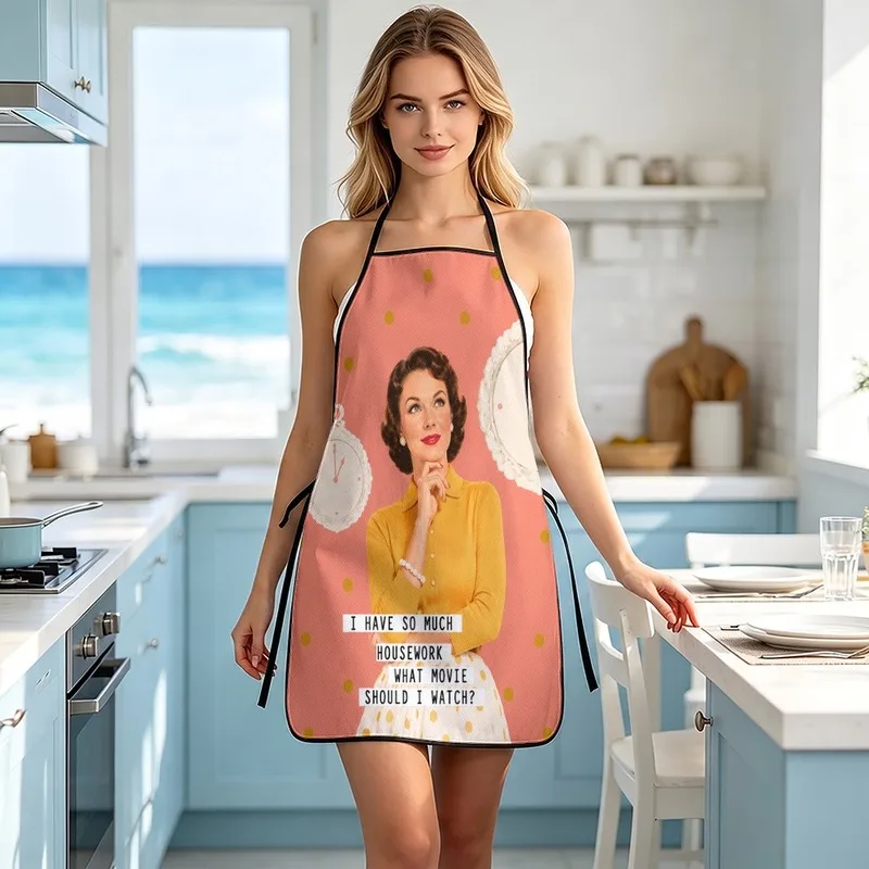 1PC【Apron】2DFlat effect，Vintage-style print（Contains retro female images、Lace-edged clock、Gold wave point），Fun and reusa