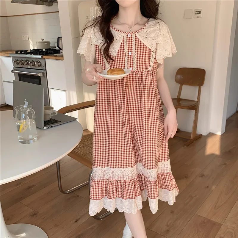 Plaid Retro Elegant Casual NightDress Soft Ruffles Sweet Simple Summer O-Neck Princess Long Sleepwear Cotton Lace Short sleeve