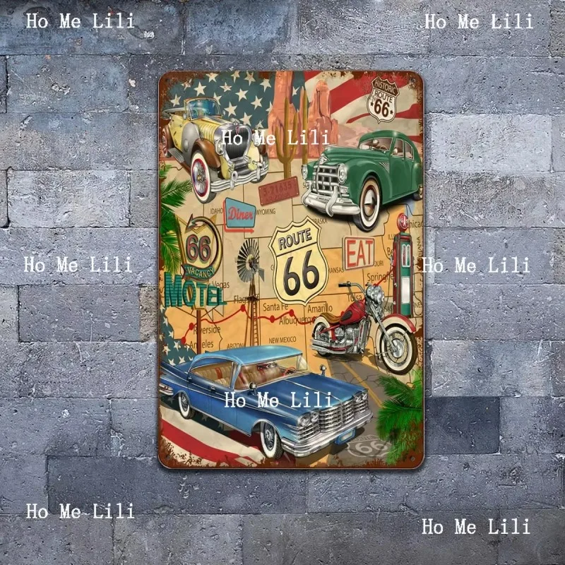 Route 66 Metallschilder, Vintage High Way Diner Wanddekoration für Zuhause, Küche, Bar, Terrasse, Garage, Retro-Blechposter, Plakette