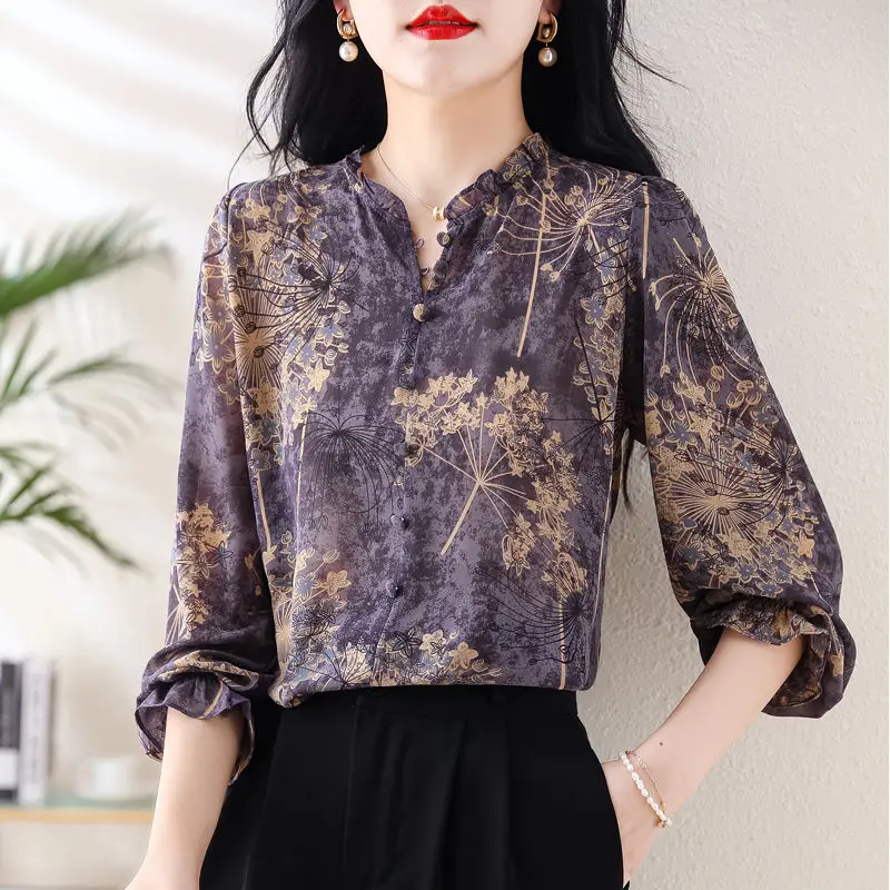 Spring Summer Round Neck Fashion Long Sleeve Shirt Women High Street Casual Button Patchwork Pullovers Vintage Printing Tops