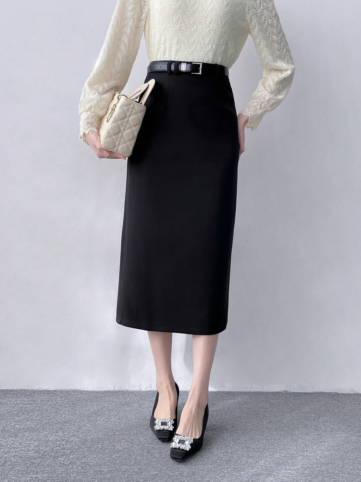 

High Waist Thi Woolen Skirt Korean Sle Commute Profional Straight Tube Skirt with Belt for Women Winter Season