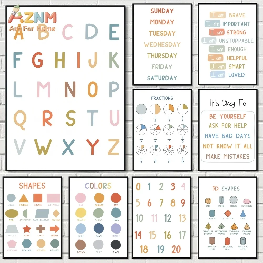 AZNM Tableau éducatif en toile pour enfants, style Boho Pastel, avec alphabet, chiffres, formes, couleurs, fractions et affirmations positives, sans cadre W