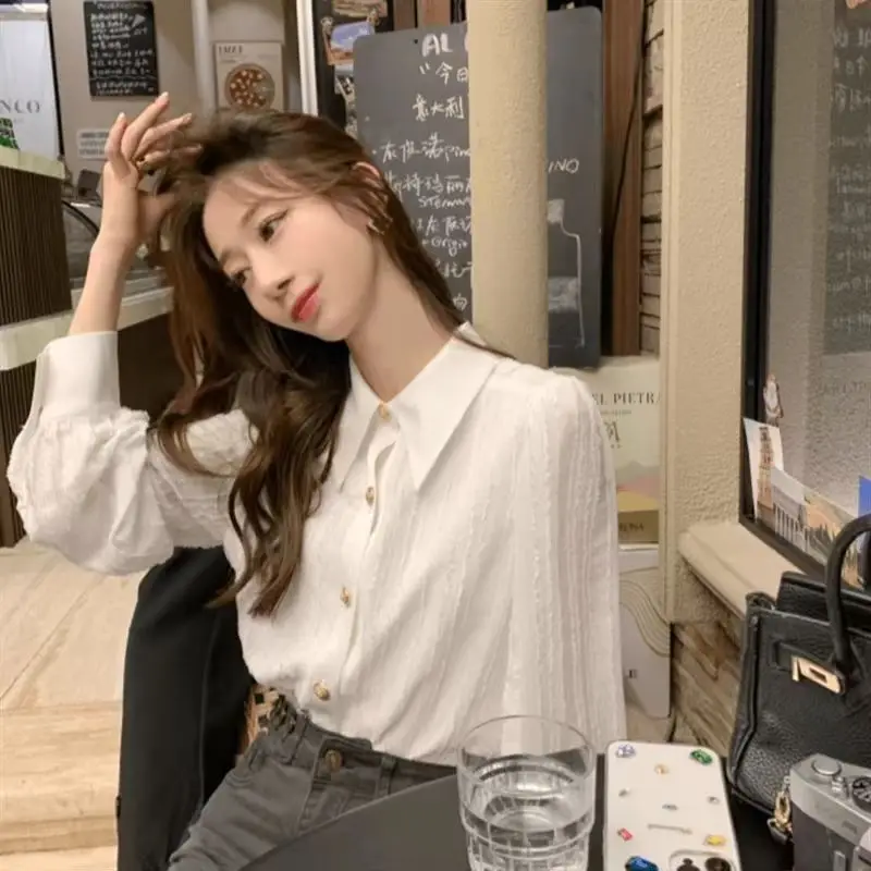 مزاجه الصلبة زر كم طويل قميص بلايز النساء الملابس ربيع الخريف جديد بولو الرقبة فضفاضة أنيقة بلوزة الموضة الكورية