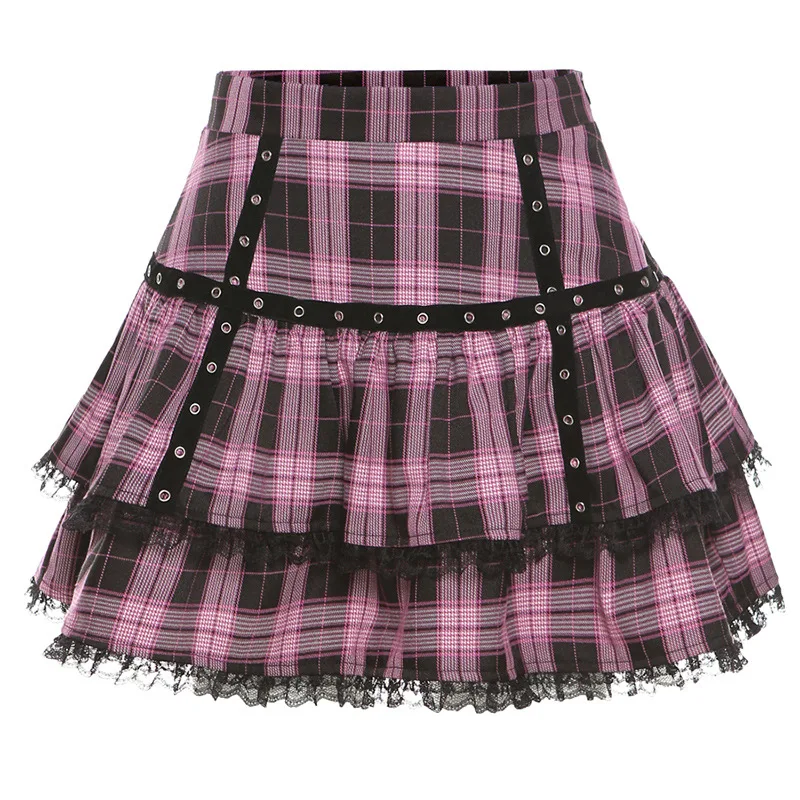 Gothic Purple Pink Plaid Pleated Skirt Japanese Harajuku Girls Punk Sweet Lace Kawaii Lolita Cake Mini Skirts Cosplay Costume