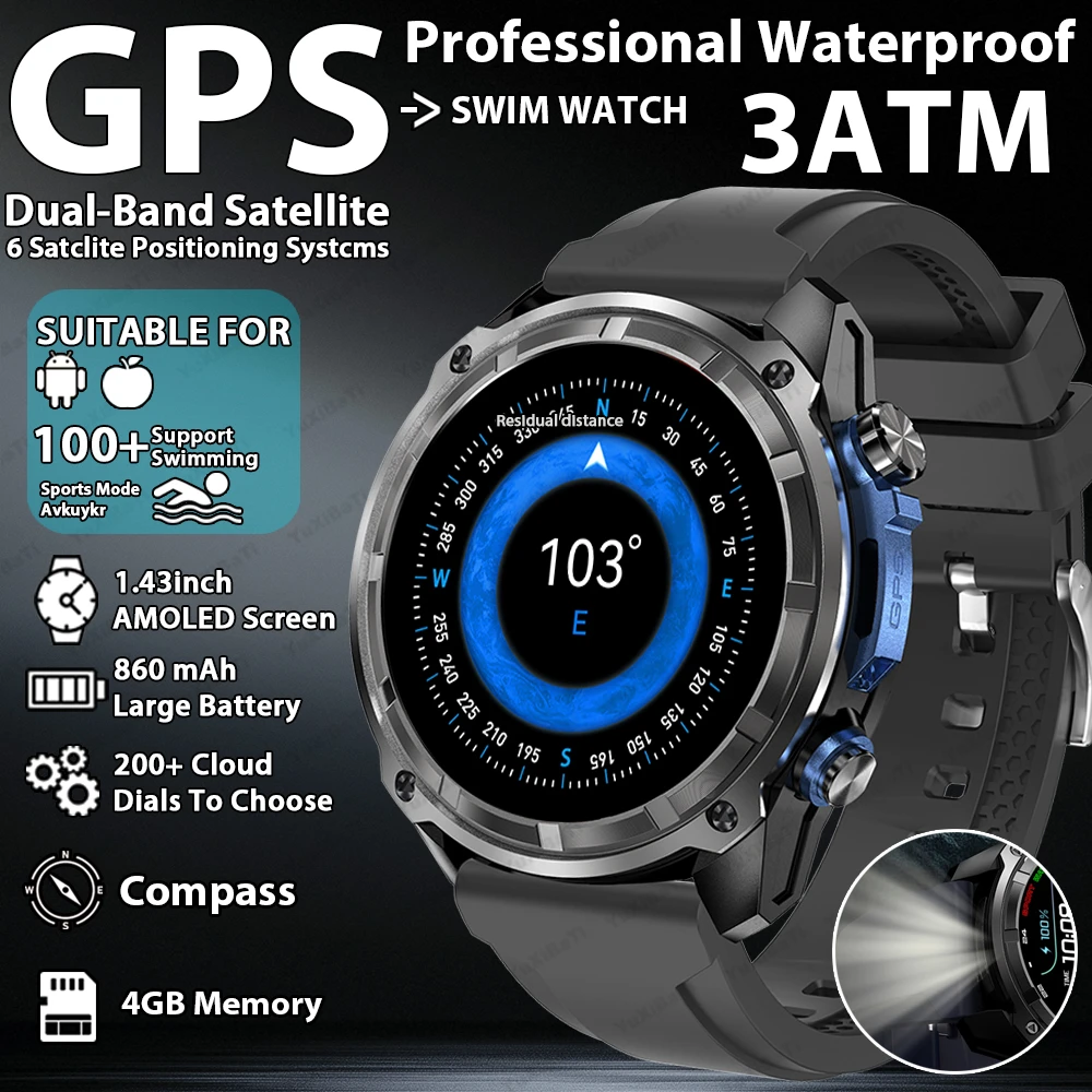 

NEW 4GB Memory Video Player Smart Watch AMOLED With GPS Offline Maps Military Sports Smartwatch Men 30m Swim Waterproof Bracelet