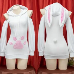 Hot!Sexy Women Cute Cat Claw Plush Sweater Hooded Zipper Anime cartoon Tail Skirt Rabbit Dva Costume Night Club Cosplay Dress