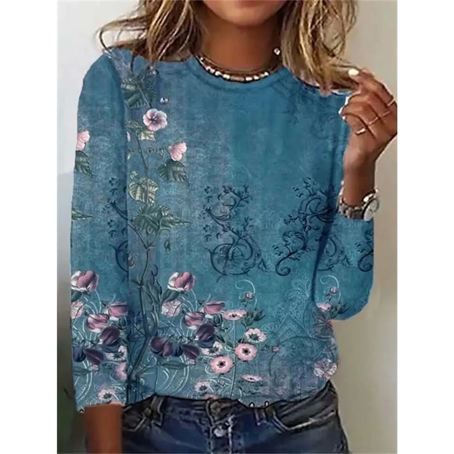 新作 レディース 花柄 3Dプリント Tシャツ ワンネック カジュアルトップス 秋コレクション 00% その他素材 レディース ファッション シルク トップス