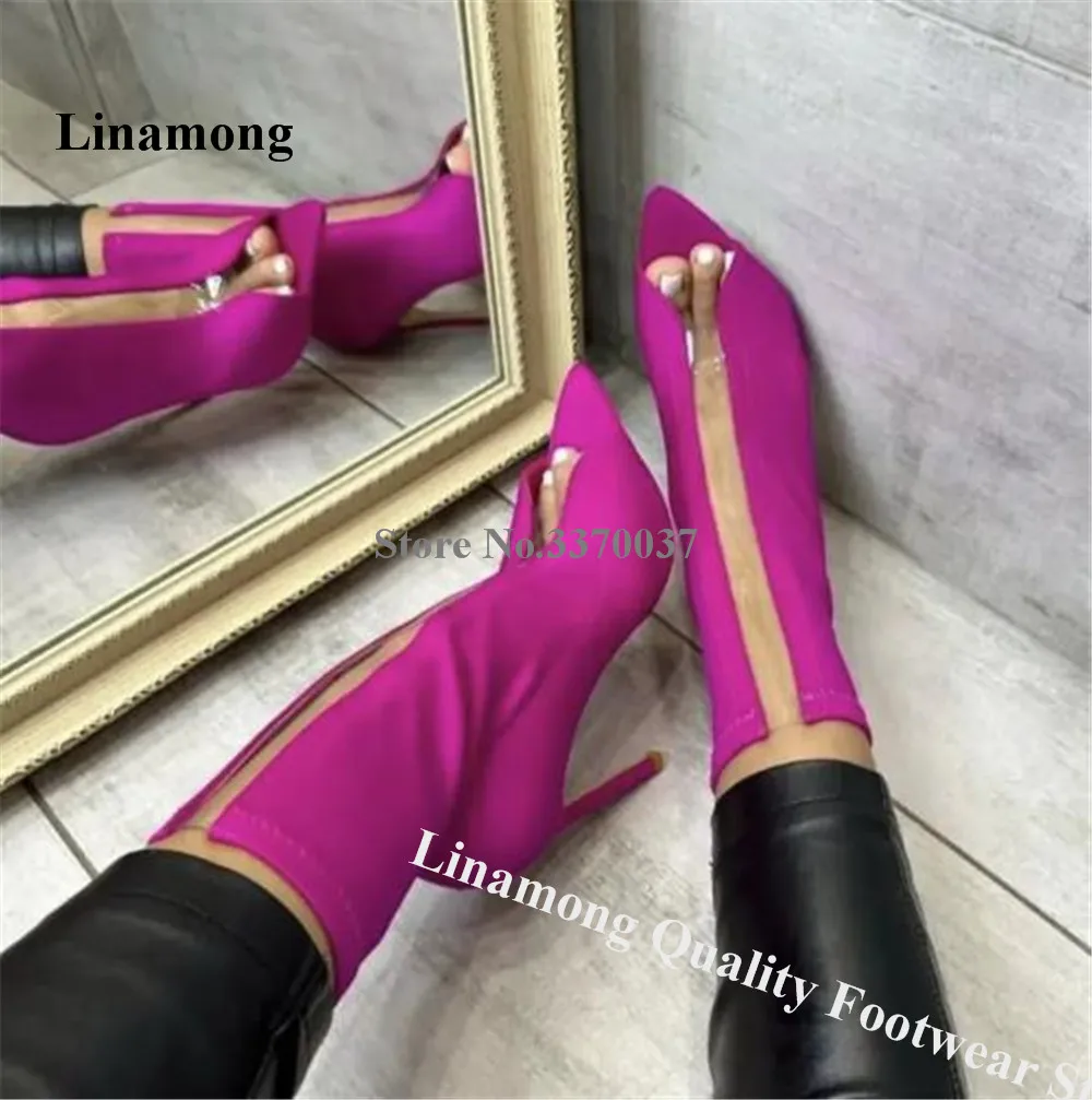 Linamong Elastic Fabric Thin Heel Short Boots Pointed Open Toe Clear PVC Patchwork Stiletto Heel Ankle Booties Big Size Heels