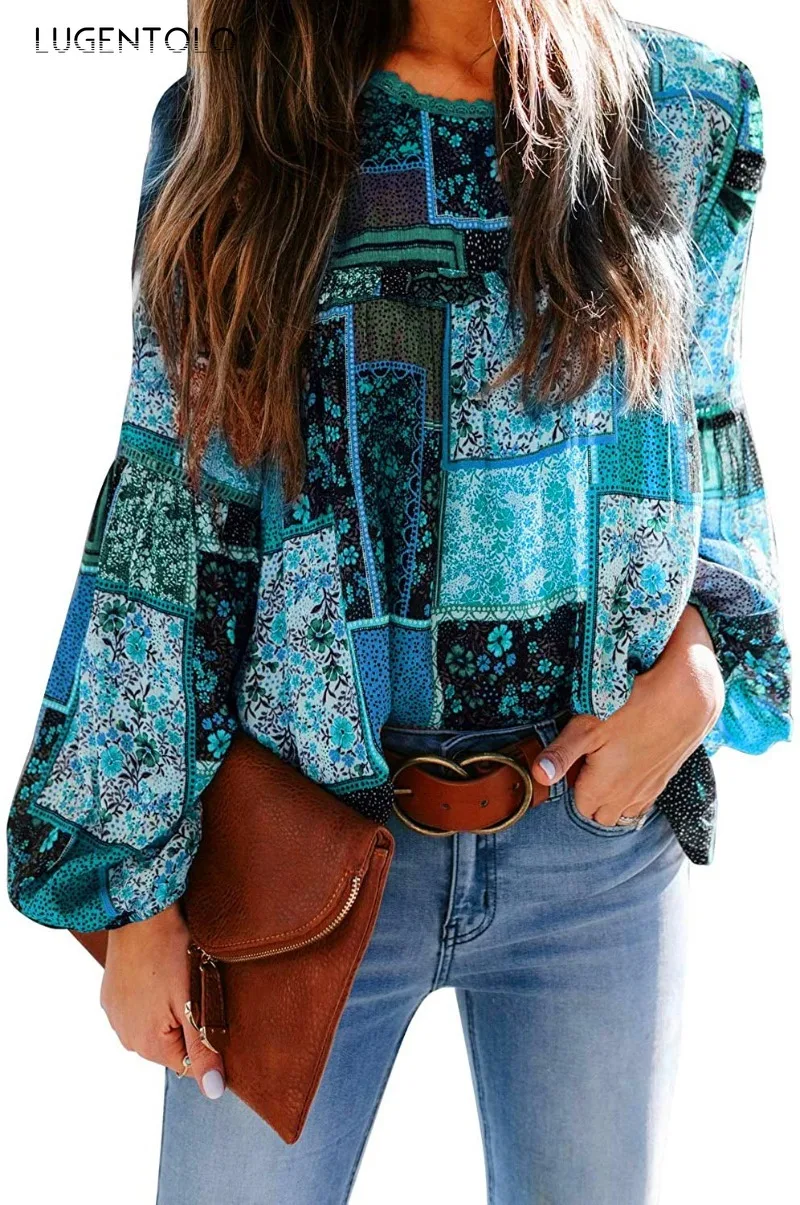 Camisa bohemia de gasa para mujer, Top holgado informal de manga larga, blusa fina con estampado de cuello redondo para verano