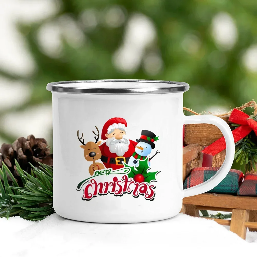 Merry Christmas Tree Snowman Santa Printed Mug Enamel Handle Coffee cup Banquet Party Drinking Mugs Gift for Family Lover Friend