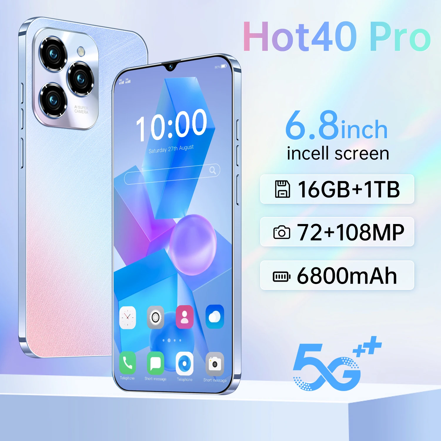 

Новая модель 2026 Hot 40 Pro 6,8-дюймовый HD оригинальный смарт-двойная карта 6800 мАч аккумулятор функция распознавания лиц