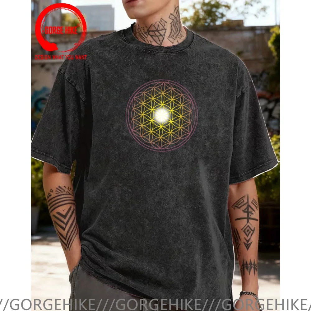 Vintage Washed Cotton T-Shirt Funny Designer Metatron's Cube Overlapping Circles Grid Sacred Geometry  T Shirt Men Fashion Trend