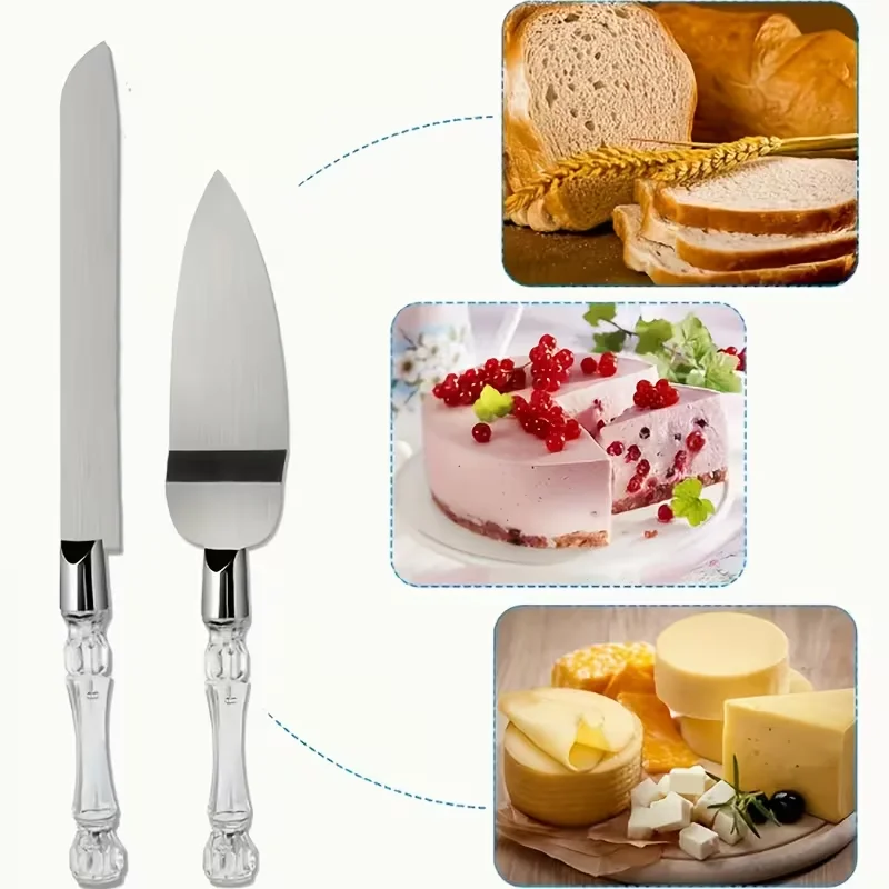 2 Stainless Steel Cake Knives and Spatula Sets, Including a Cake Knife and a Stainless Steel Spatula with Plastic Crystal