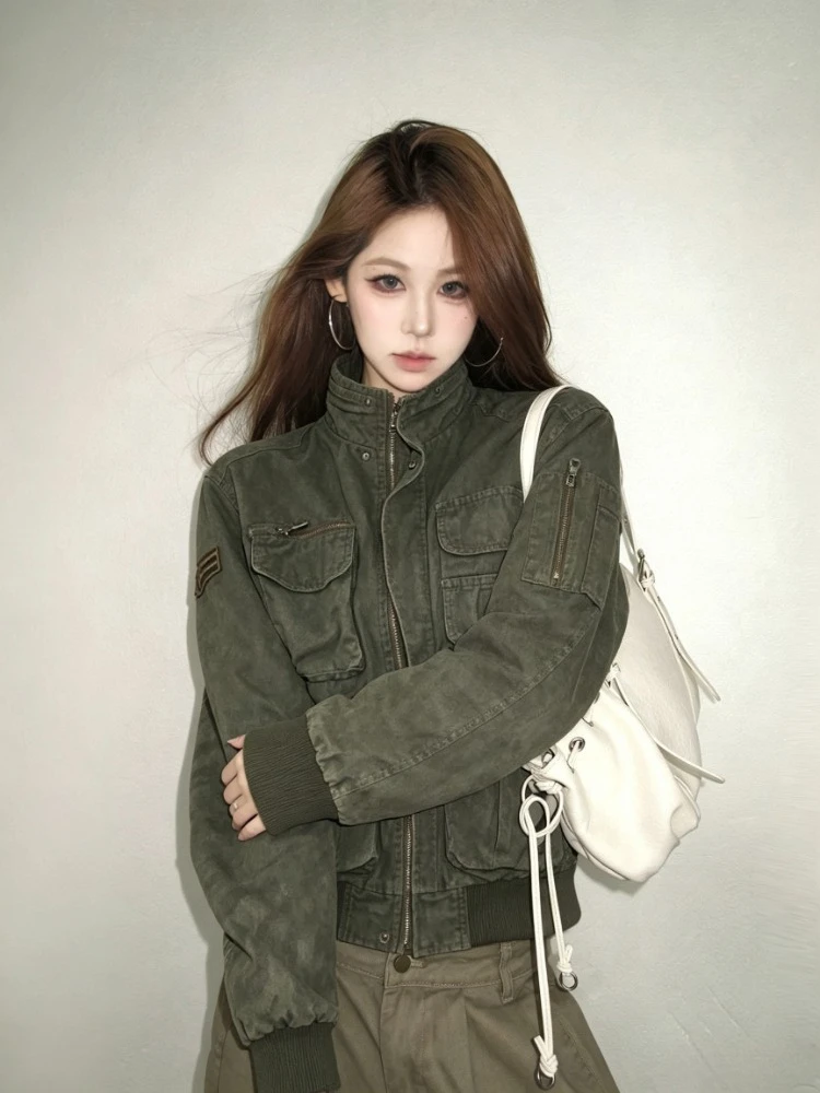 Women Vintage Outdoor Safari Work Jackets Long Sleeve Loose Fit Cargo Outwear Retro Casual Streetwear Wind Resistant Coats Tops
