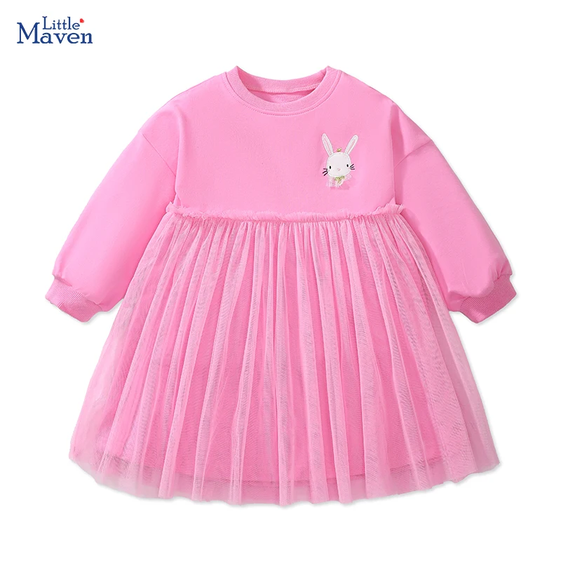 Little maven Children's Clothing Kids Clothes 2024 Autumn Spring Cotton Baby Girls Long Sleeves Cartoon Rabbits Mesh Dresses