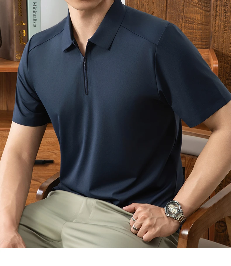 Luxuriöses Herren-Poloshirt mit halbem Reißverschluss kurzärmelig einfarbig hochwertige Eisseide atmungsaktiv Sommer neu lässig modisch T-Shirt – Detail 12