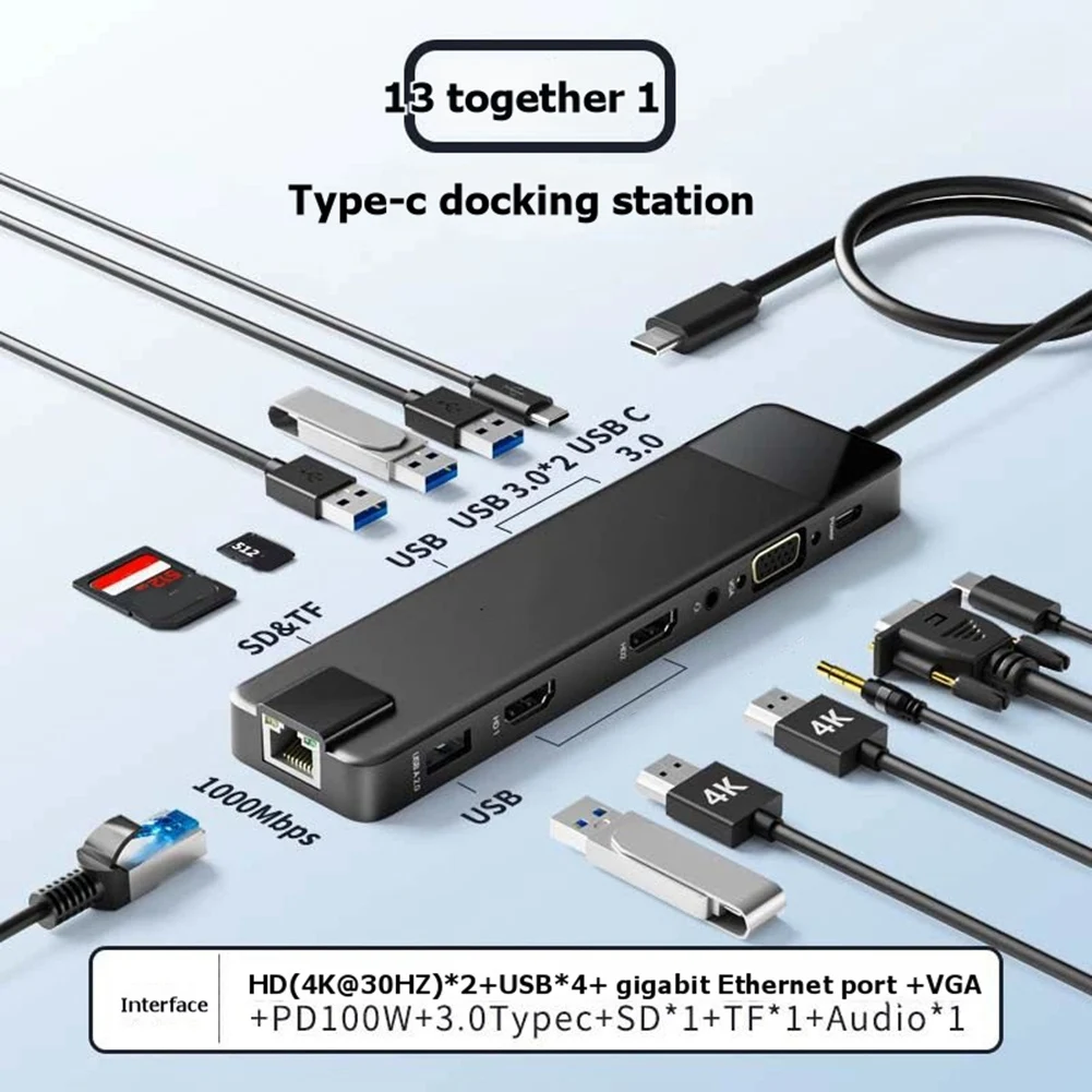 

A13E-TC100 USB-концентратор 13-в-1, высокоскоростная док-станция USB 3.0, 4K-совместимый USB-адаптер-разветвитель для iPad и ноутбуков