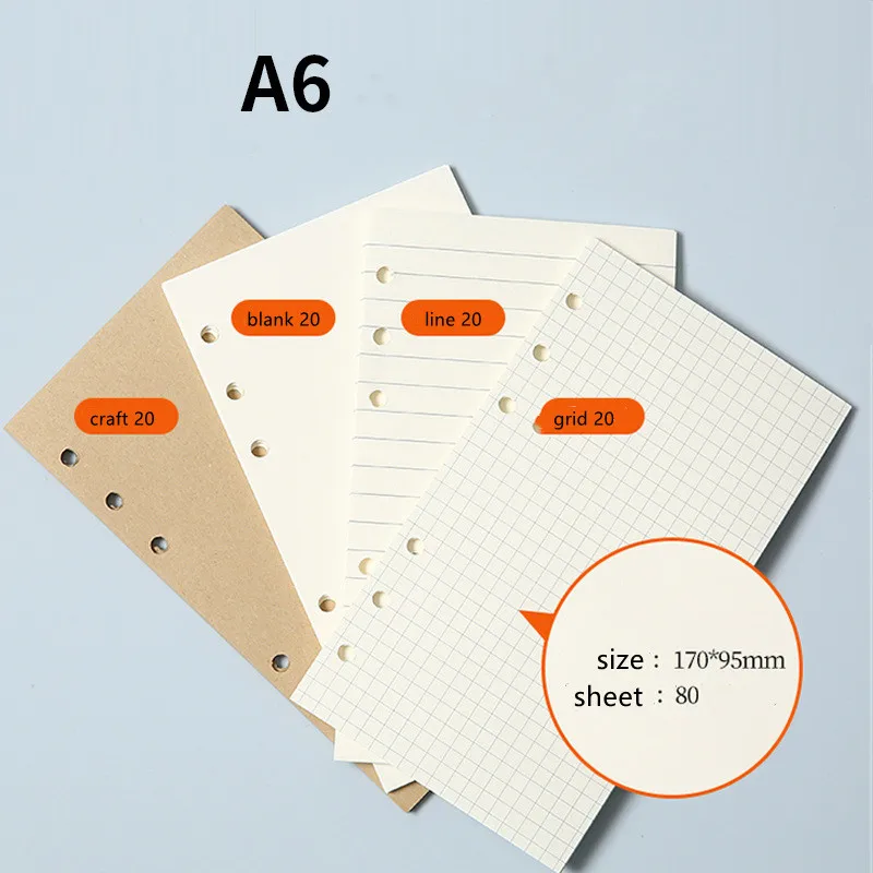 Recharge de cahier de cuir chevelu vierge, A5, horizon, ligne de 80 feuilles, grille de points, reliure à spirale, page intérieure à l\'intérieur du