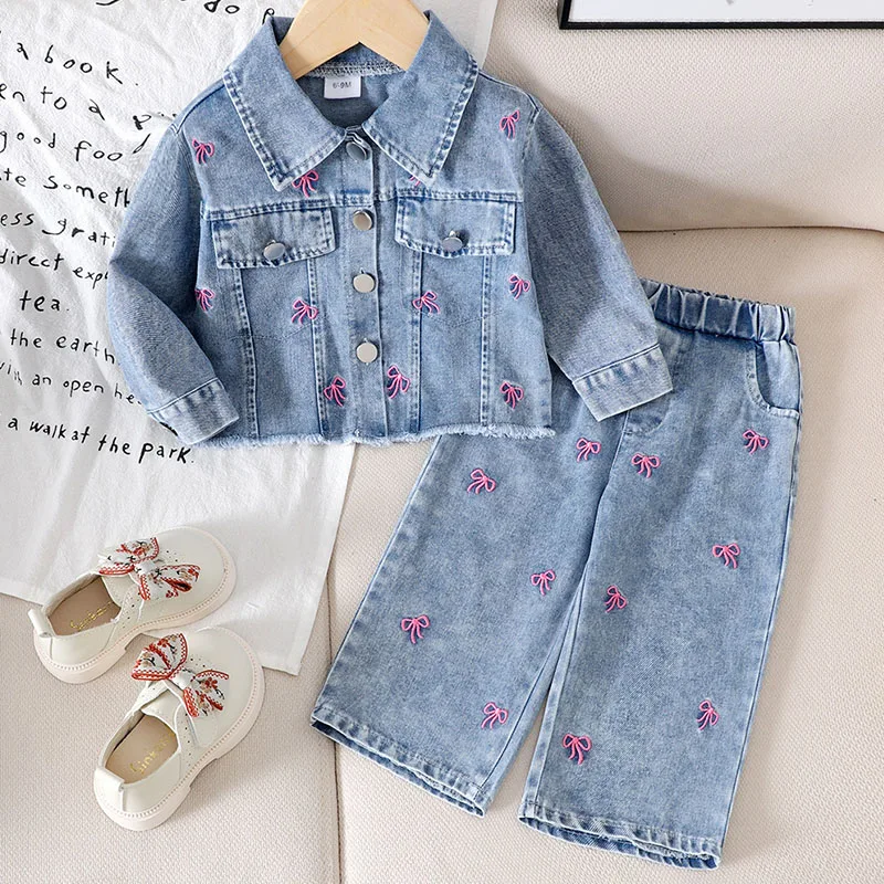 2Piece Spring Fall Toddler Girl Clothes Korean Fashion Cute Bow Denim Blue Long Sleeve Baby Tops+Loose Jeans Clothing Sets B304