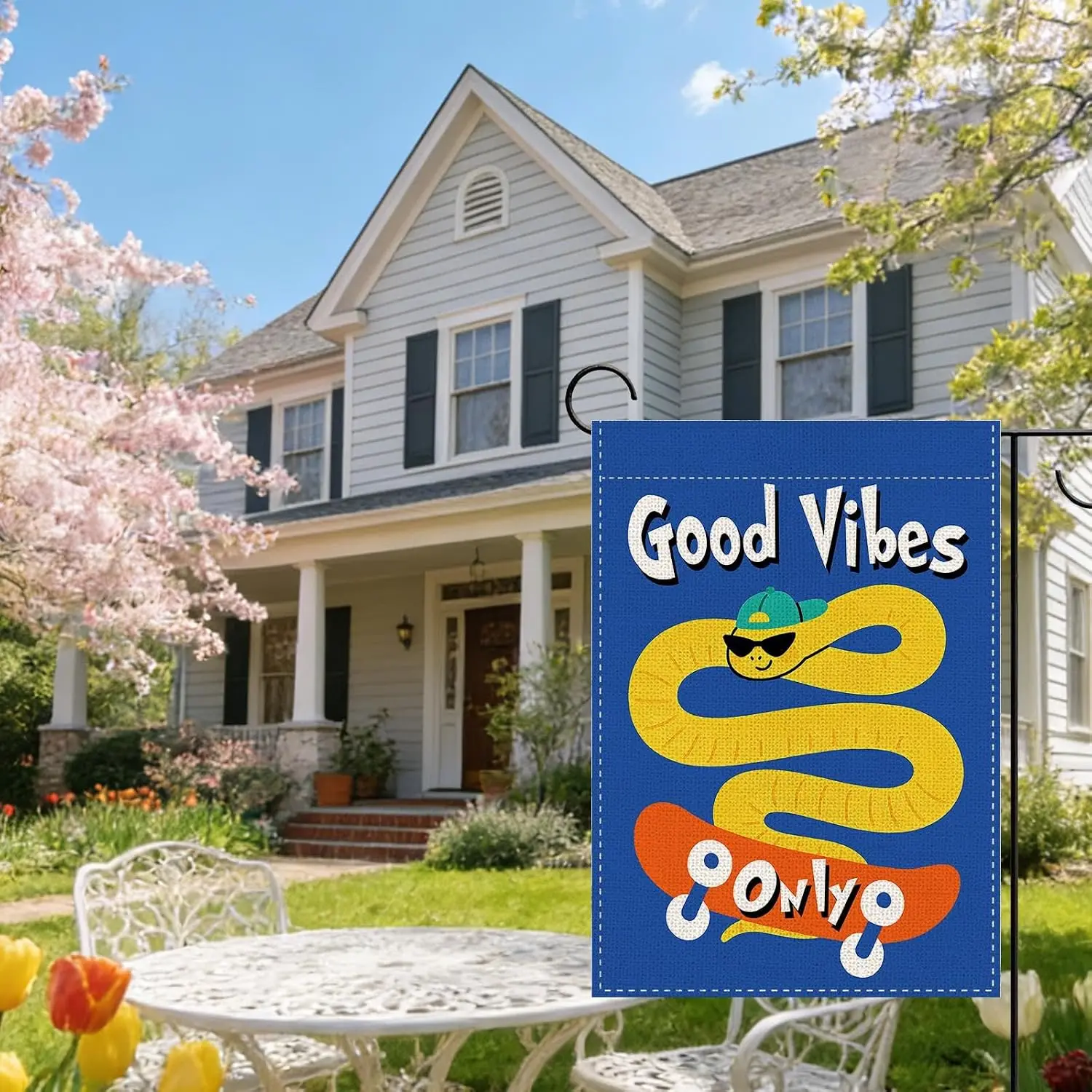 Funny Positive Good Vibes Only Skateboard Snake Garden Flag | Inspirational Groovy Small Yard Outside Decoration Skater Gift uui