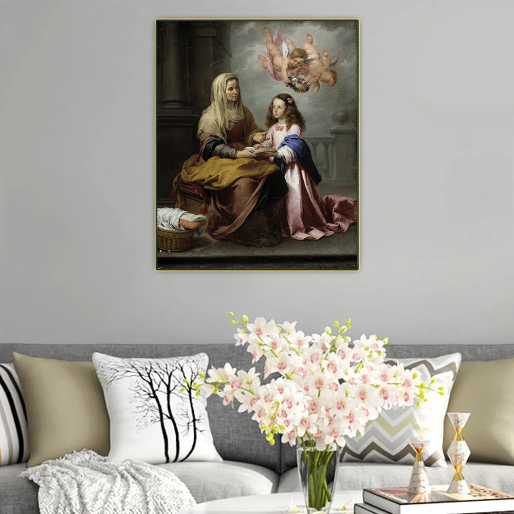 Murillo "Santa Anne enseñando la Virgen para leer", lienzo, pintura al óleo, póster artístico, imagen impresa, decoraciones, decoración del hogar