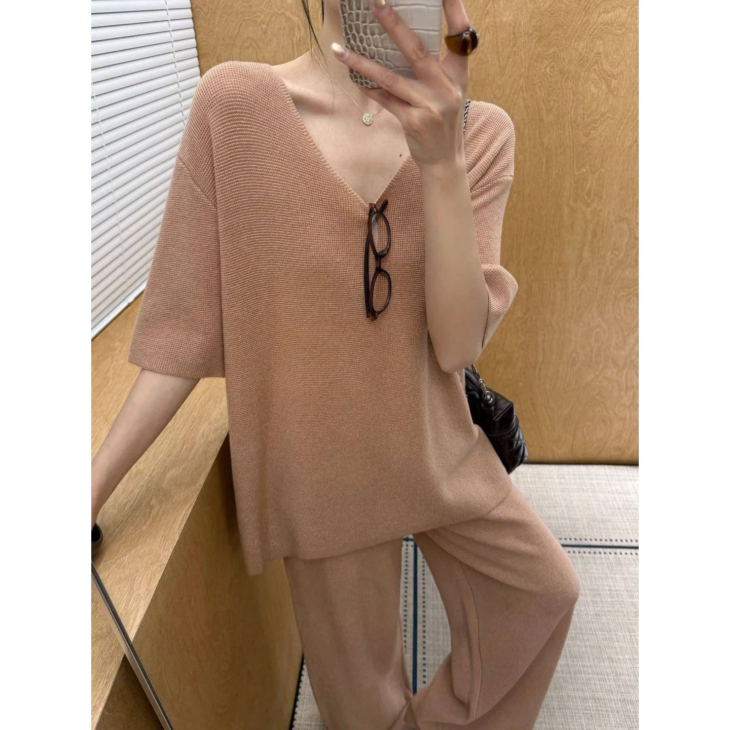 Spring 2026 New Simple Versatile Half Sleeve Knitted Top High Waist Slim Wide Leg Pants Women's Fashion Set Casual Ensemble