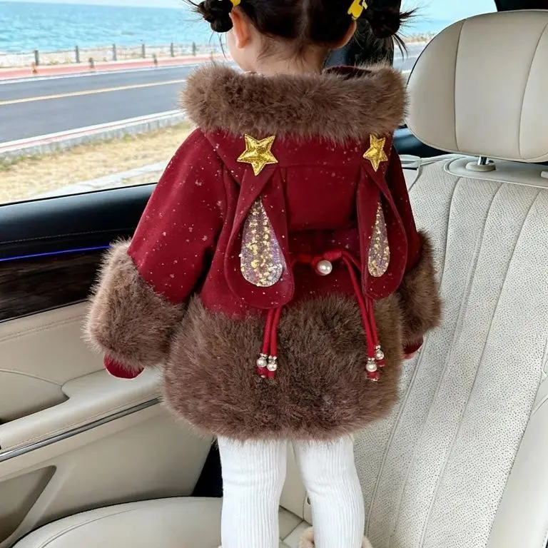 Winter Childent Cute Hooded Shiny Coat Warm Plus Velvet Cotton Girls Thick Jacket Casual Artificial fur Clothing Snow Outwear