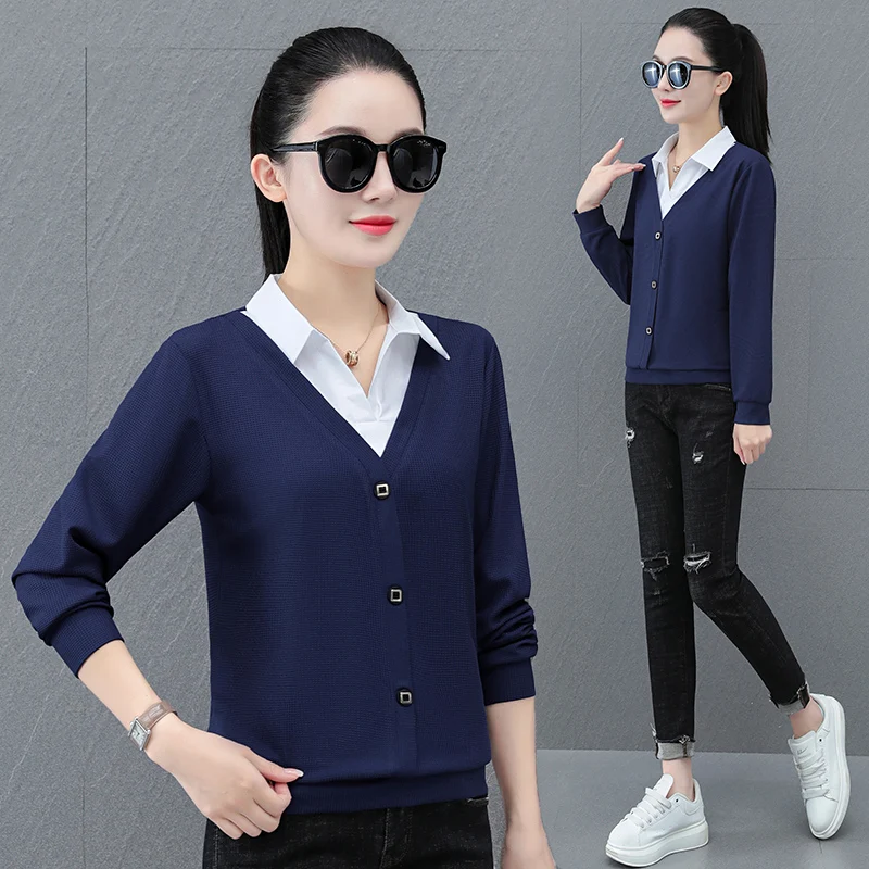 New Autumn And Winter Korean Fashion Fake Two-Piece Long Sleeved Pullover For Women'S Casual Loose Fitting Patchwork Knitted Top