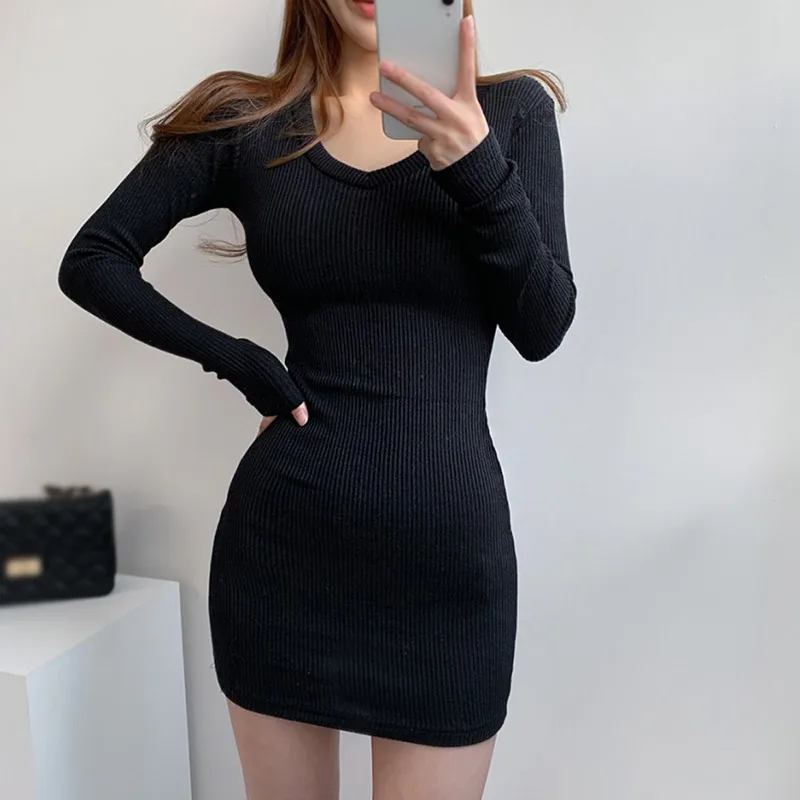 Damska sukienka z długim rękawem V Neck Slim Sexy Solid Color Pullover Bodycon Elastic Dress Hip Wrap All-Match Hotgirl Stree Wear