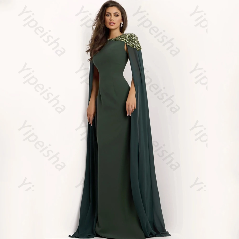 Vestidos de Noche verdes de alta calidad Jersey para hasta el suelo cuello redondo Watteau tren listones vestido de graduación sirena cristal personalizado