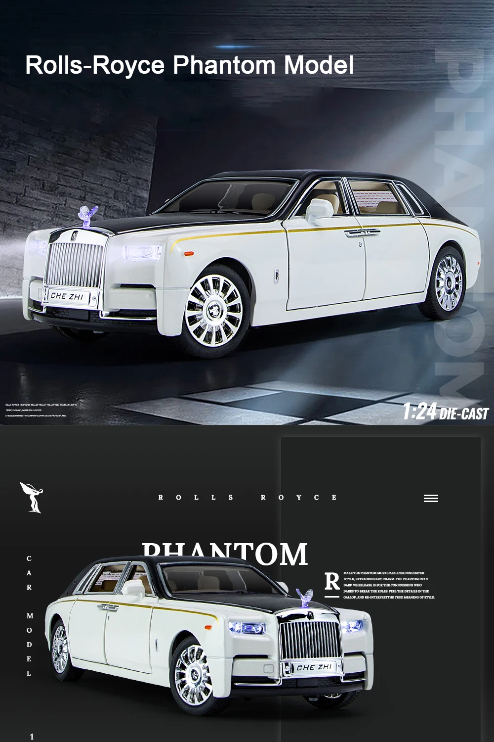 1/24 Rolls Royce Phantom Diecast Toy Cars Model Simulated Pull