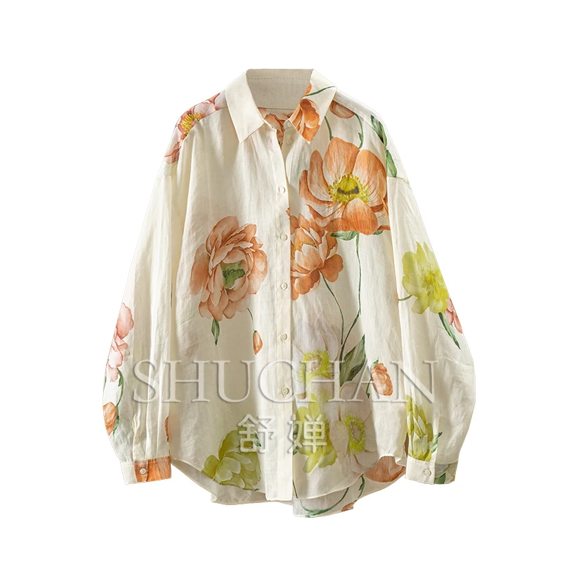 

2025 Early Spring, 100% Ramie, Printing Loose Shirt Women Blusas Mujer De Moda Verano Womens Tops