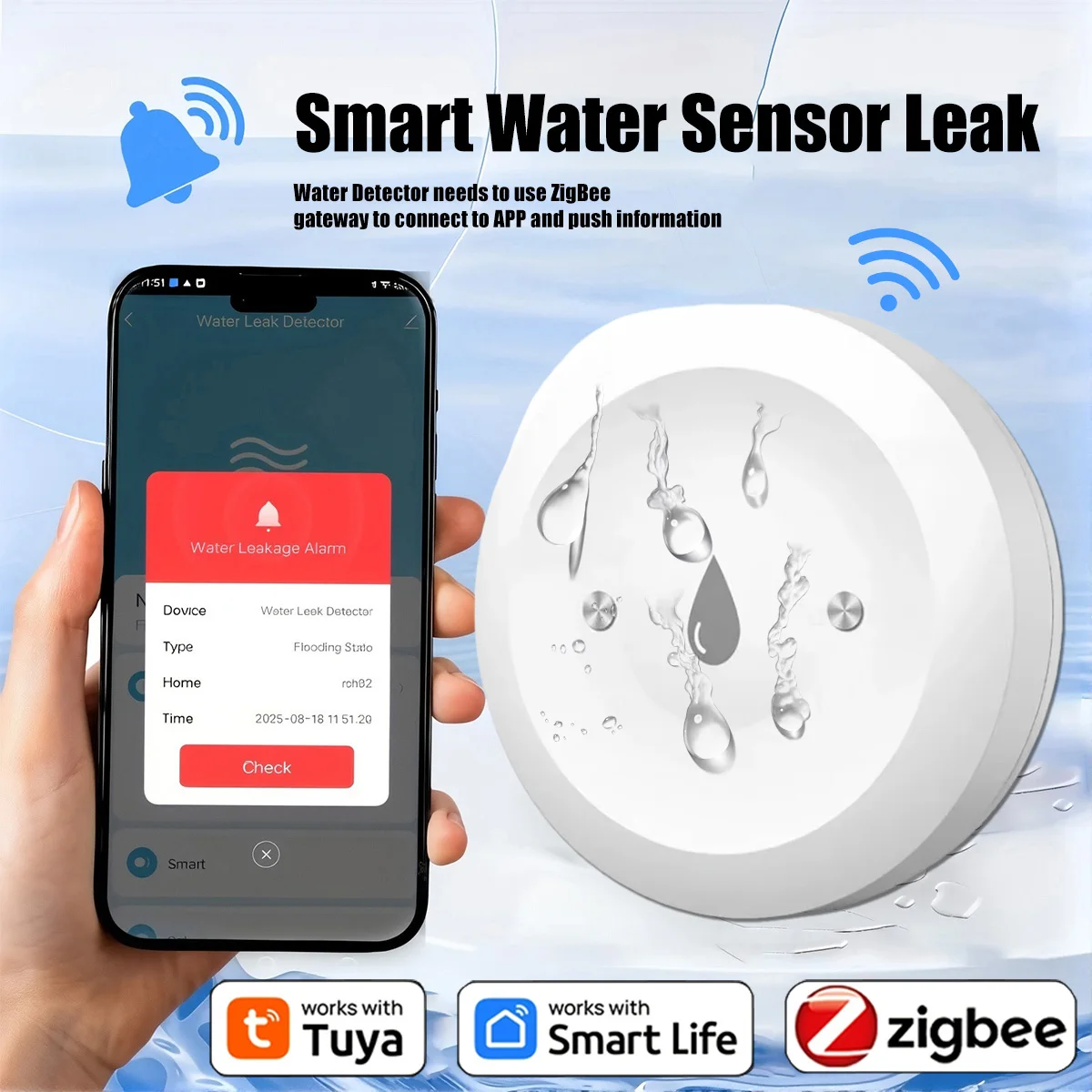 

Zigbee 3.0 Smart Water Sensor Tuya Flood Leak Detector Remote Monitoring Security Alarm Smart Life Control For Kitchen Bathroom