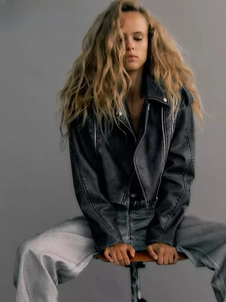 

Новинка 2023, женское винтажное байкерское пальто из искусственной кожи с круглым вырезом на молнии or Sve Long Sve, свободная верхняя одежда Faion