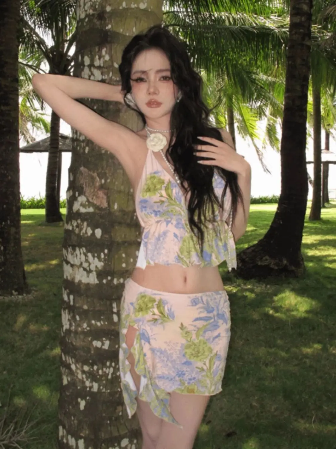 Dolce estetica verde pittura sexy 3 pezzi gonna divisa stile 2025 nuovo bikini tre pezzi set vacanza al mare costume da bagno per le donne