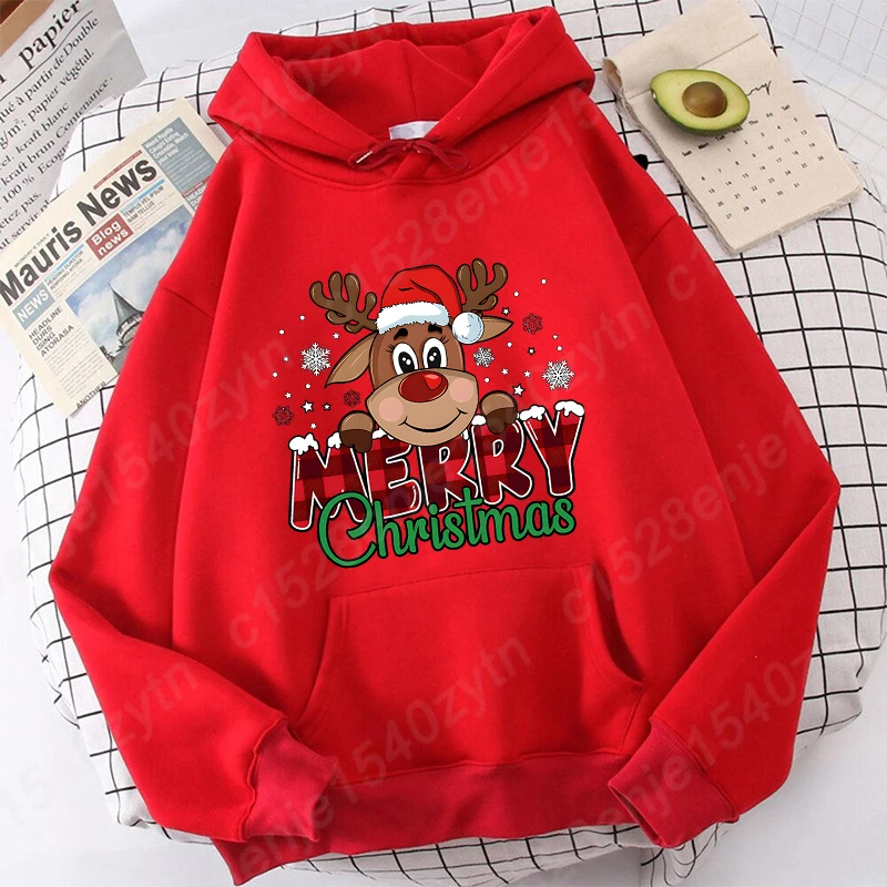 

Merry Christmas Reindeer Print Hoodies Women Hot Selling Sweatshirt Autumn Winter Ladies Pullovers Solid Color Casual Loose Tops