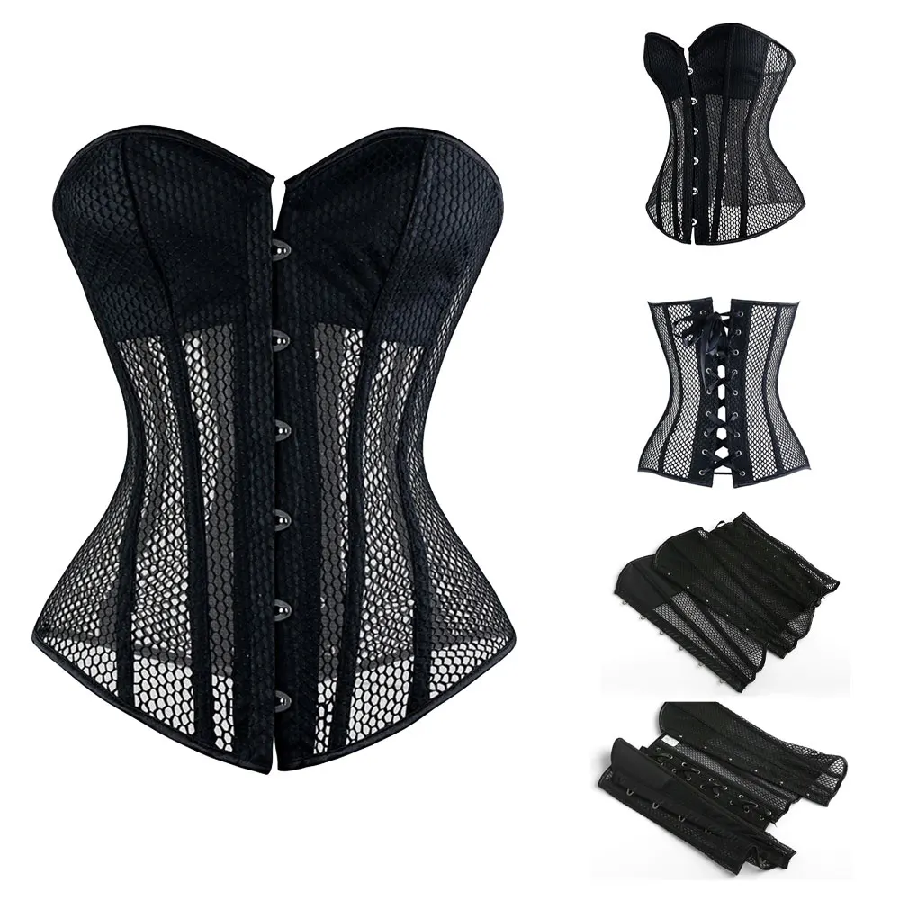 

Women Sexy Transparent Mesh Corselet Hollow Out Corset Bustier Top Lingerie Vintage Black Breathable Shapwear Costumes