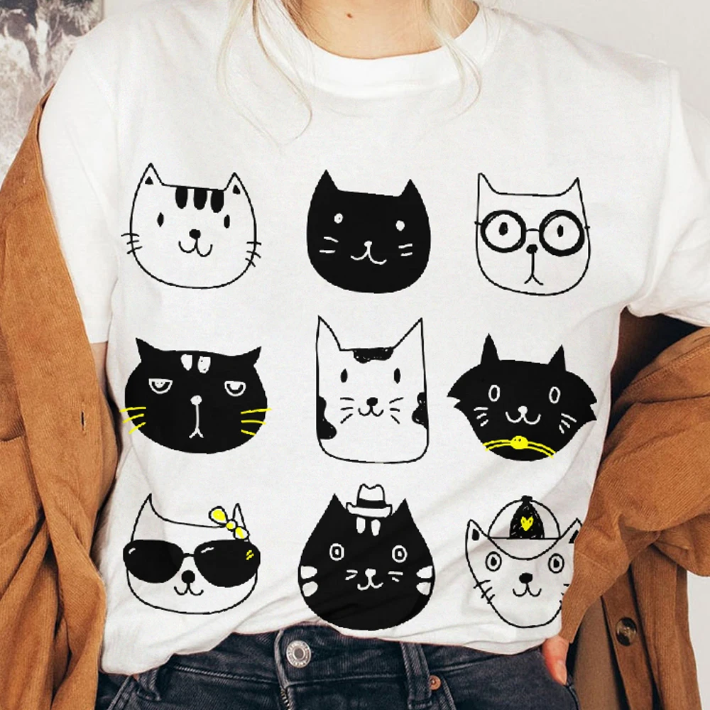 

Cotton Casual Women‘s T-Shirt Y2K Short Sleeve Round Neck Fitted Crop Top Colorful Cute Lovely Cartoon Black And White Cats