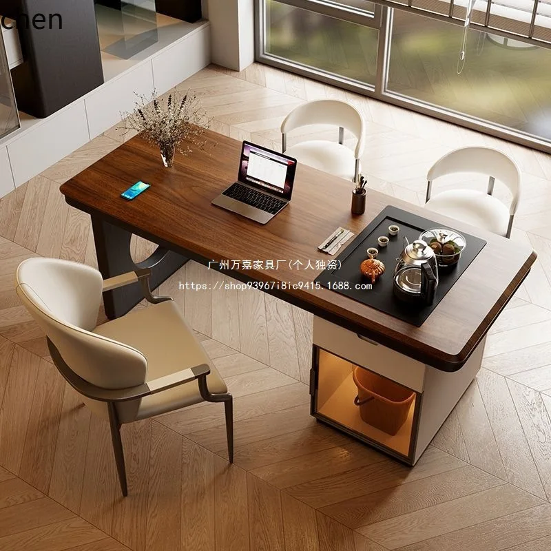 ZML Solid Wood Tea Table and Chair Set Simple Modern Home Living Room Balcony Office Tea Brewing Table with Integrated Kettle
