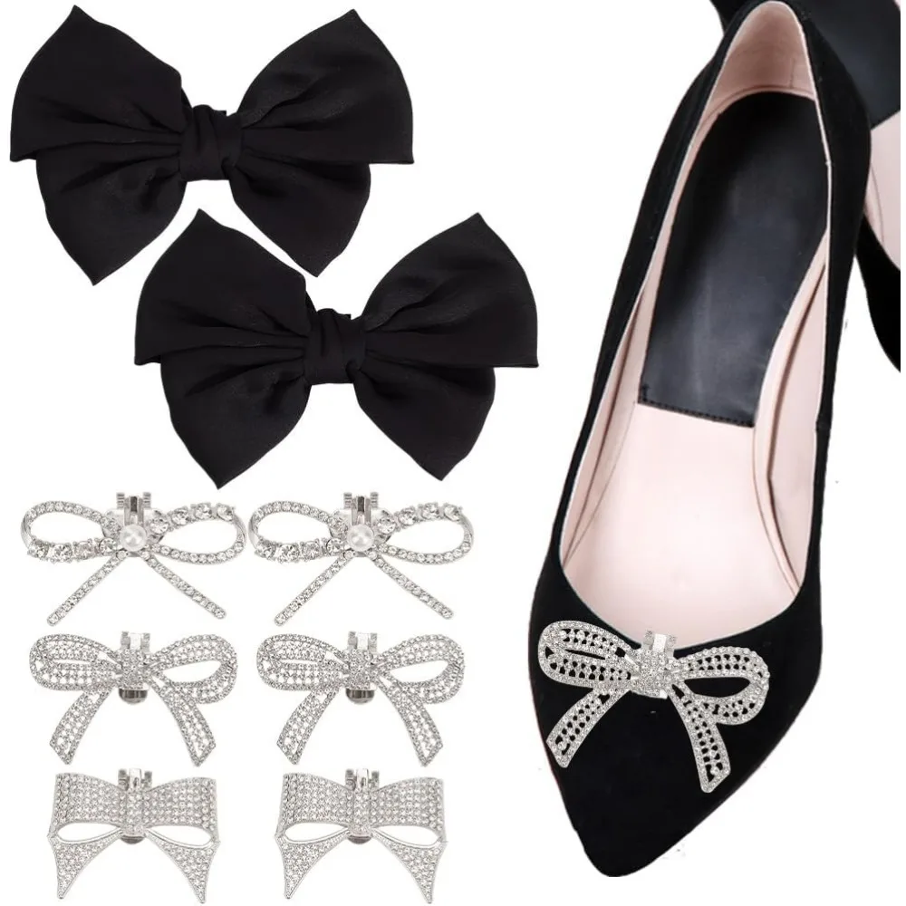 

8Pcs Bow Shoe Clips - 4 Styles Rhinestone Buckle Black Satin Clips Fashion Bridal Wedding Charms for Women Detachable