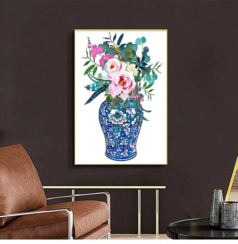 Chinoiserie-Dekor Leinwanddruck Blumen-Botanik-Poster Orientalische Vase Rosen-Gemälde Porzellandose Ingwer-Sträuße Aquarell