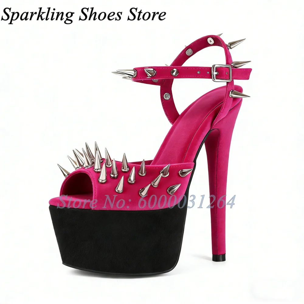 

Burgundy Platform Rivets Heeled Sandals Gothic Y2k Shallow Buckle Strap High Heels Women Luxury Designer Shoes New Spring Summer